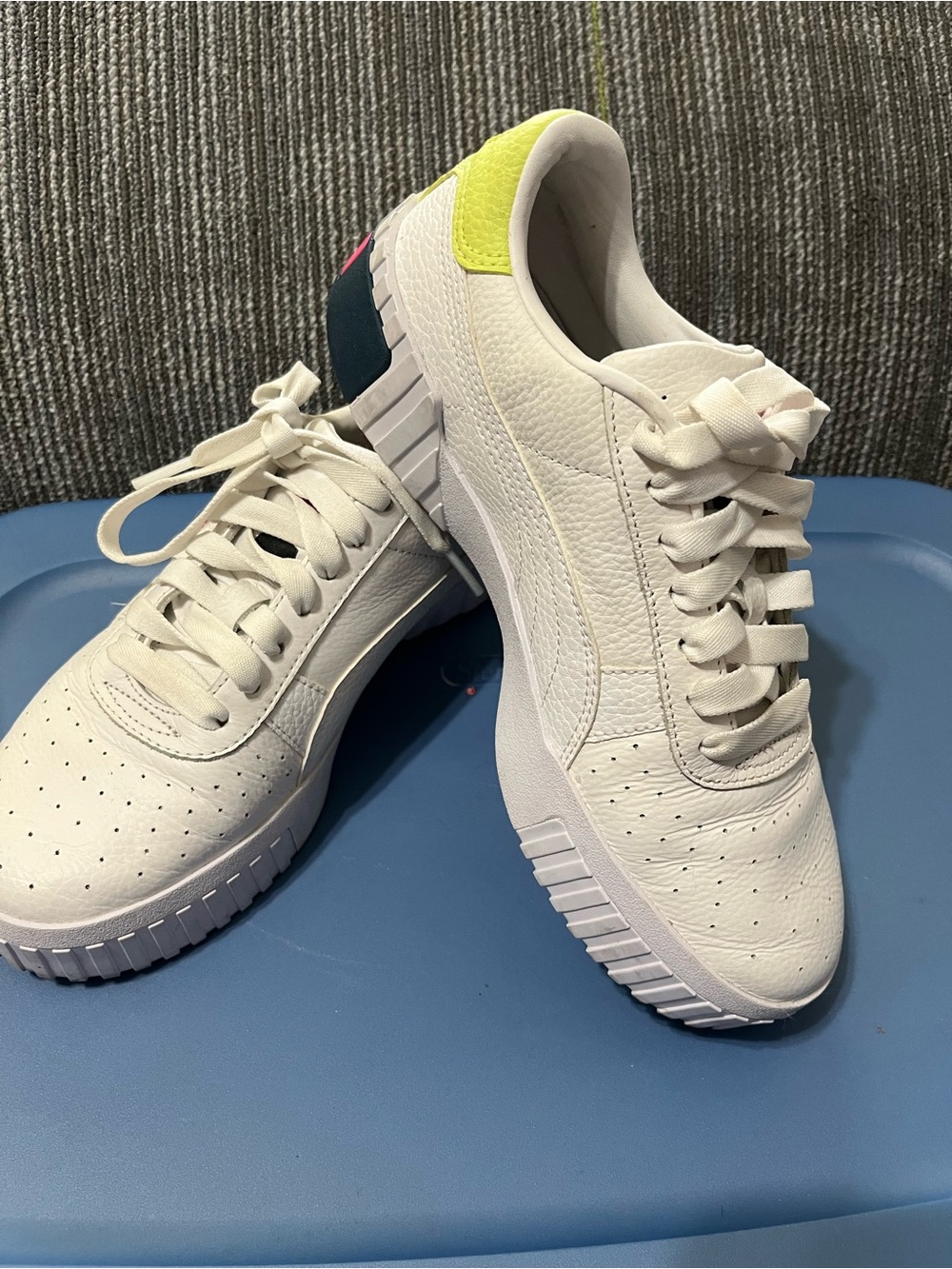 Puma White Platform Sneakers with Neon Yellow and Teal Accents